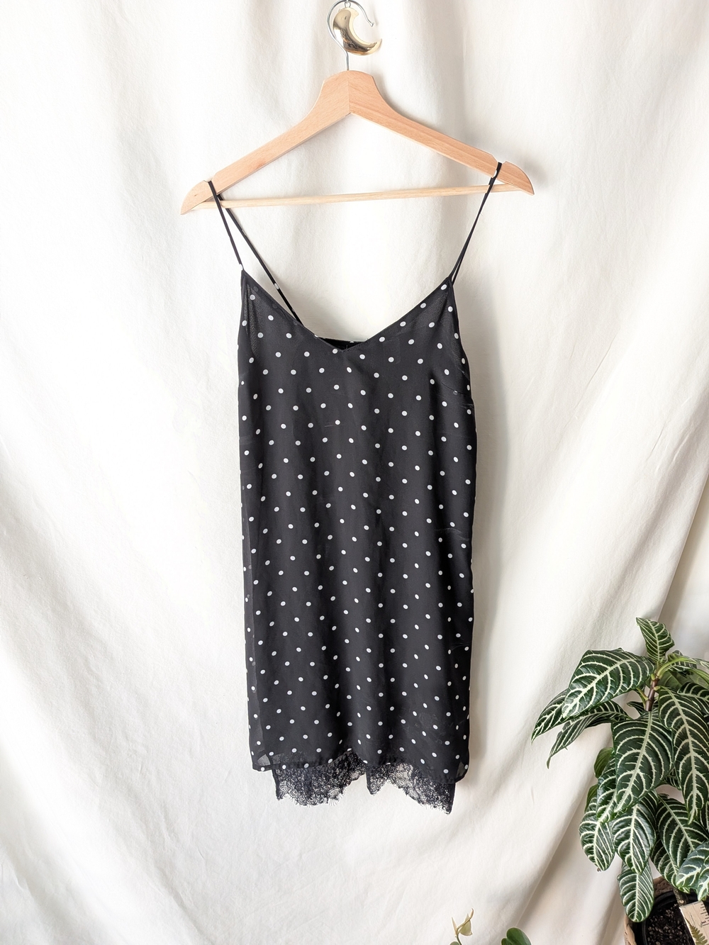 Silky Polka Dot Lace-Trim Slip Dress - Black